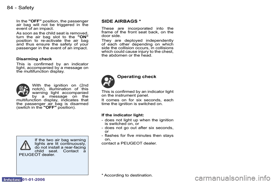 Peugeot 206 CC Dag 2006 Owners Manual �8�4 �-�S�a�f�e�t�y
�0�1�-�0�1�-�2�0�0�6
�I�n� �t�h�e� 
�"�O�F�F�"�  �p�o�s�i�t�i�o�n�,� �t�h�e� �p�a�s�s�e�n�g�e�r� 
�a�i�r�  �b�a�g�  �w�i�l�l�  �n�o�t�  �b�e�  �t�r�i�g�g�e�r�e�d�  �i�n�  �t�h�e�  