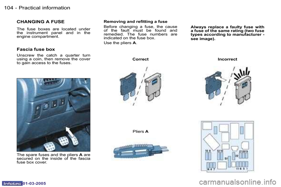 Peugeot 206 CC Dag 2005  Owners Manual �1�0�4 �-�P�r�a�c�t�i�c�a�l� �i�n�f�o�r�m�a�t�i�o�n
�0�1�-�0�3�-�2�0�0�5
�1�0�5
�-�P�r�a�c�t�i�c�a�l� �i�n�f�o�r�m�a�t�i�o�n
�0�1�-�0�3�-�2�0�0�5
�R�e�m�o�v�i�n�g� �a�n�d� �r�e�i�t�t�i�n�g� �a� �f�u�s