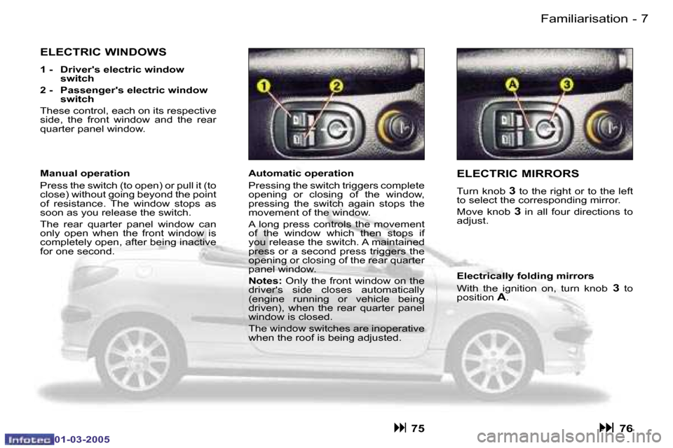 Peugeot 206 CC Dag 2005  Owners Manual �6 �-�F�a�m�i�l�i�a�r�i�s�a�t�i�o�n
�0�1�-�0�3�-�2�0�0�5
�7
�-�F�a�m�i�l�i�a�r�i�s�a�t�i�o�n
�0�1�-�0�3�-�2�0�0�5
�E�L�E�C�T�R�I�C� �M�I�R�R�O�R�S
�T�u�r�n� �k�n�o�b� �3� �t�o� �t�h�e� �r�i�g�h�t� �o�