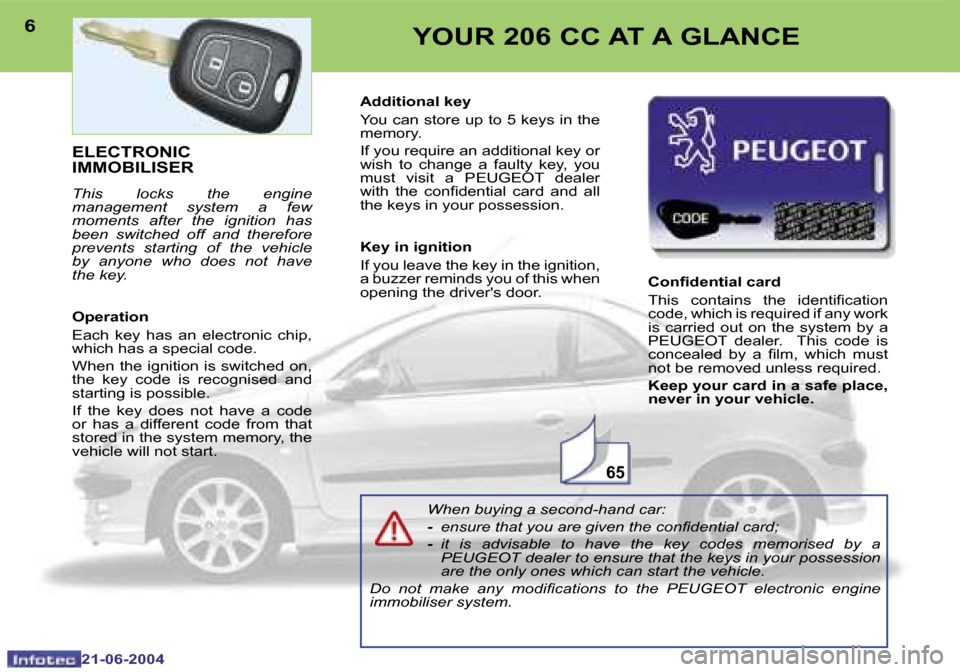 Peugeot 206 CC Dag 2004  Owners Manual �6�5
�6
�2�1�-�0�6�-�2�0�0�4
�7
�2�1�-�0�6�-�2�0�0�4
�Y�O�U�R� �2�0�6� �C�C� �A�T� �A� �G�L�A�N�C�E
�E�L�E�C�T�R�O�N�I�C�  
�I�M�M�O�B�I�L�I�S�E�R
�T�h�i�s�  �l�o�c�k�s�  �t�h�e�  �e�n�g�i�n�e�  
�m�a