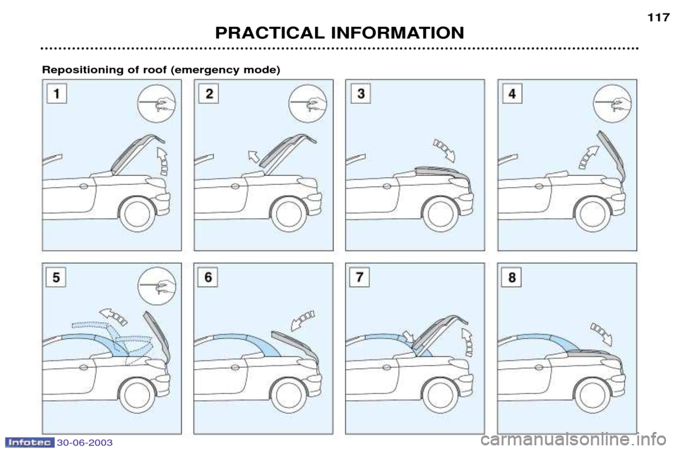 Peugeot 206 CC Dag 2003  Owners Manual PRACTICAL INFORMATION117
30-06-2003
Repositioning of roof (emergency mode)  