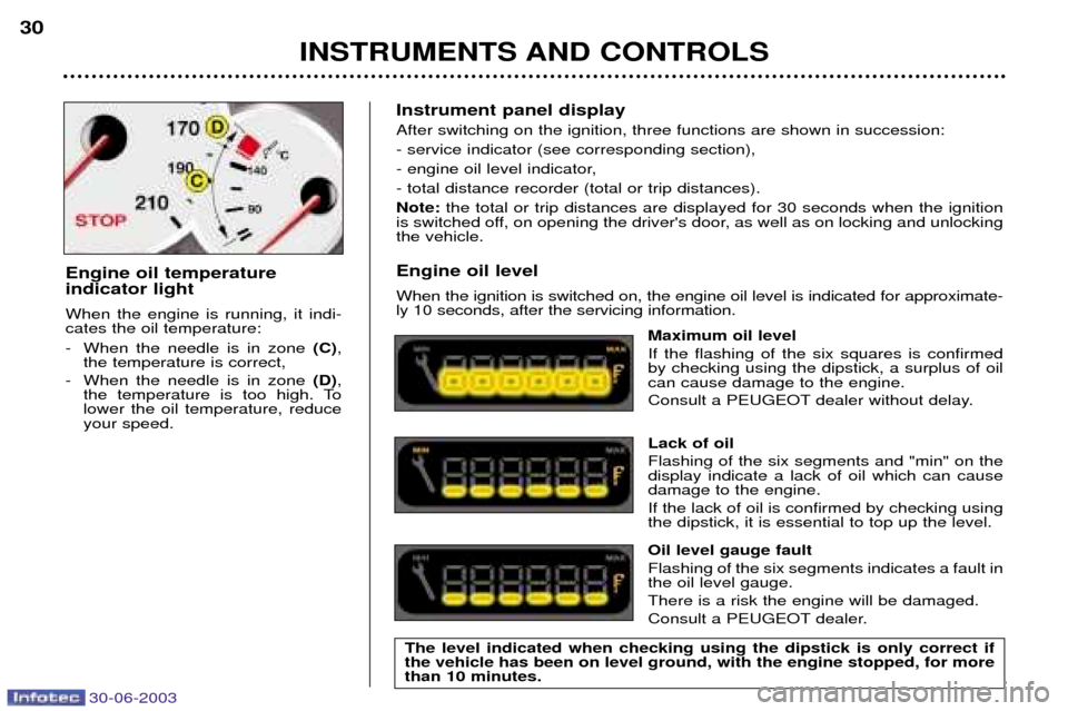 Peugeot 206 CC Dag 2003 Owners Guide 30-06-2003
INSTRUMENTS AND CONTROLS
30
Instrument panel display After switching on the ignition, three functions are shown in succession:- service indicator (see corresponding section),
- engine oil l