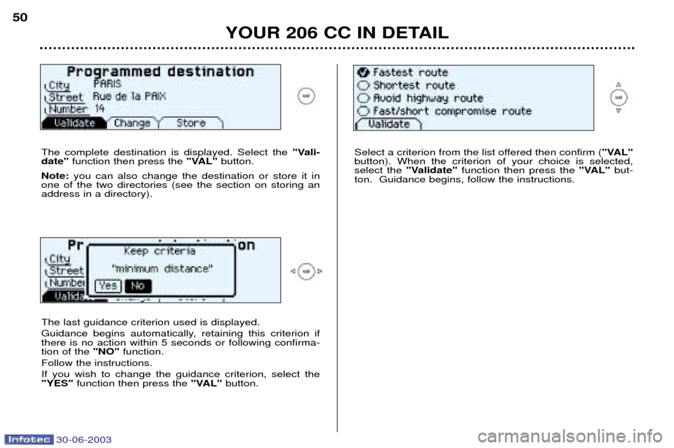 Peugeot 206 CC Dag 2003 Workshop Manual 30-06-2003
YOUR 206 CC IN DETAIL
50
The complete destination is displayed. Select the "Vali-
date" function then press the "VAL"button.
Note: you can also change the destination or store it in
one o Peugeot 206 CC Dag 2003 Workshop Manual 30-06-2003
YOUR 206 CC IN DETAIL
50
The complete destination is displayed. Select the "Vali-
date" function then press the "VAL"button.
Note: you can also change the destination or store it in
one o