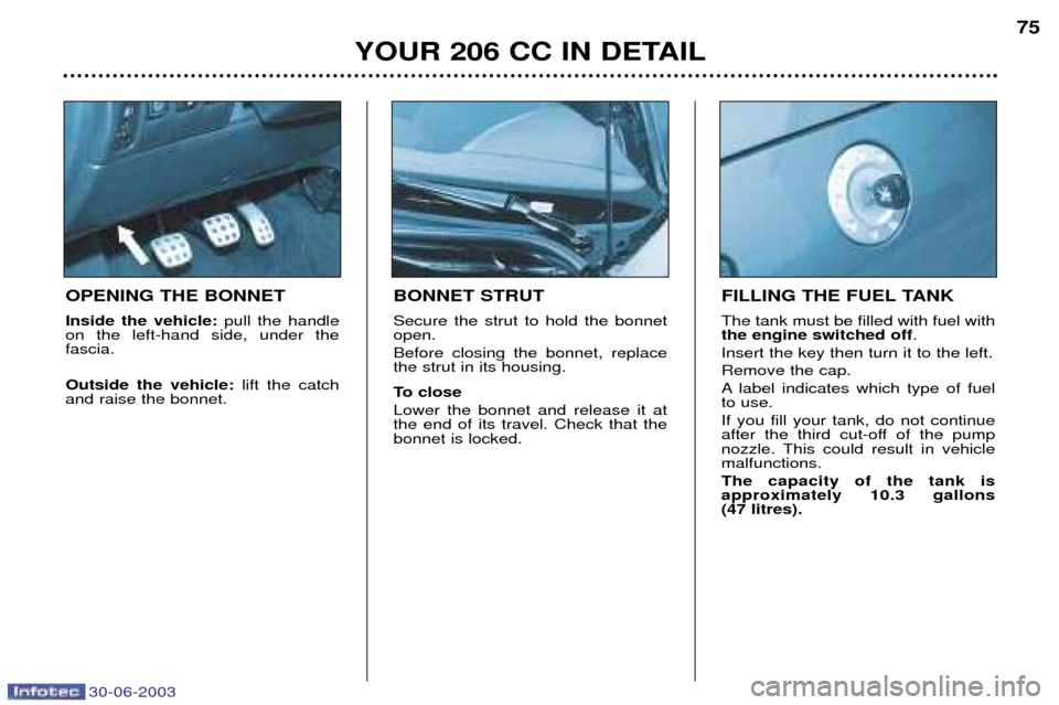 Peugeot 206 CC Dag 2003 Manual PDF 30-06-2003
YOUR 206 CC IN DETAIL75
BONNET STRUT Secure the strut to hold the bonnet open. Before closing the bonnet, replace the strut in its housing. 
To close Lower the bonnet and release it at the 
