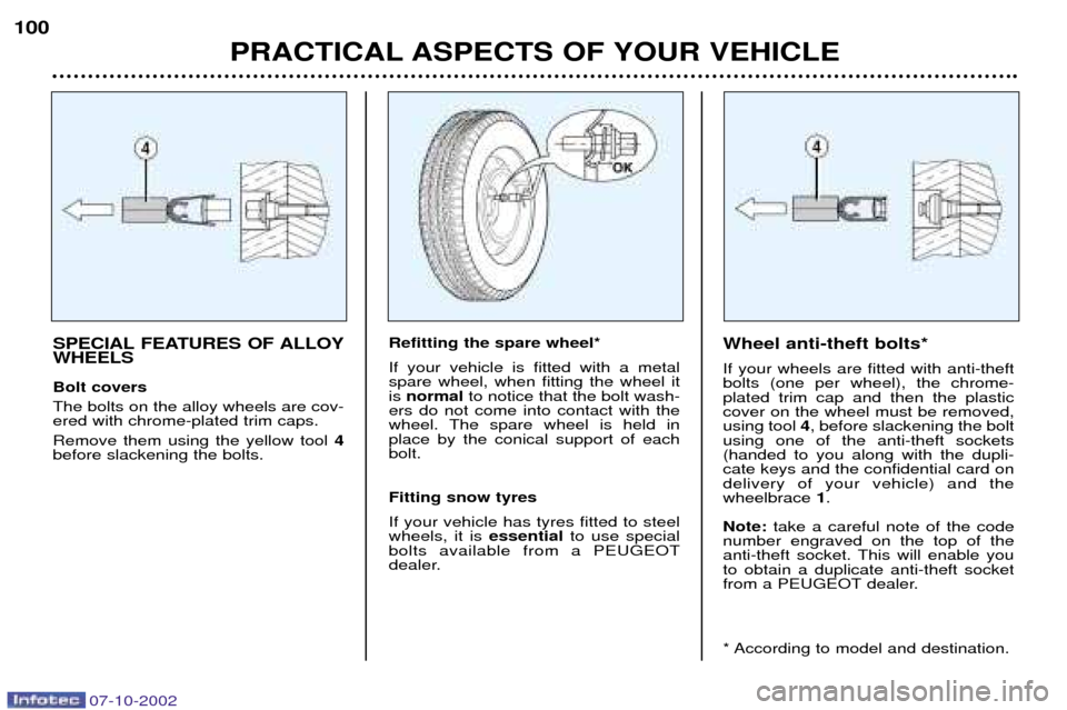 Peugeot 206 CC Dag 2002.5 Owners Guide PRACTICAL ASPECTS OF YOUR VEHICLE
100
SPECIAL FEATURES OF ALLOY WHEELS Bolt covers The bolts on the alloy wheels are cov- ered with chrome-plated trim caps. Remove them using the yellow tool 
4
before