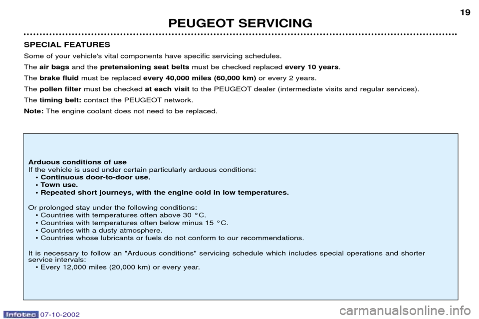 Peugeot 206 CC Dag 2002.5 User Guide PEUGEOT SERVICING19
SPECIAL FEATURES Some of your vehicles vital components have specific servicing schedules.  The  air bags and the pretensioning seat belts must be checked replaced  every 10 years