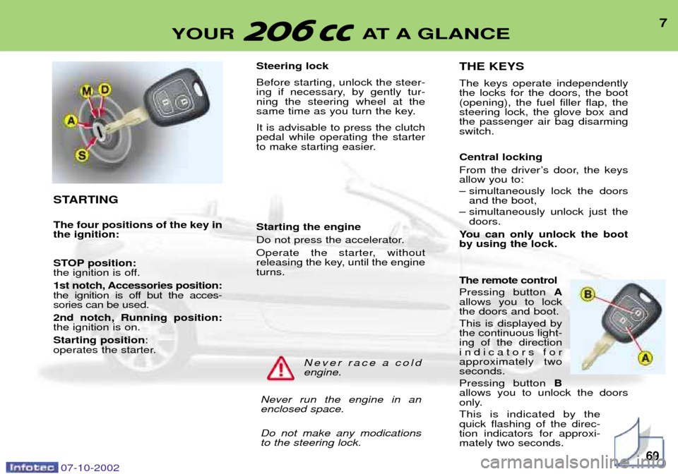 Peugeot 206 CC Dag 2002.5  Owners Manual 7
YOUR AT A GLANCE
STARTING The four positions of the key in the ignition: 
STOP position: 
the ignition is off. 
1st notch, Accessories position: 
the ignition is off but the acces-sories can be used