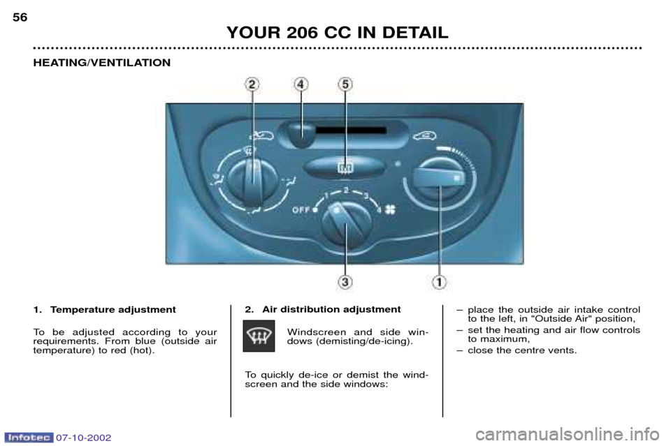 Peugeot 206 CC Dag 2002.5  Owners Manual 07-10-2002
YOUR 206 CC IN DETAIL
56
HEATING/VENTILATION
2. Air distribution adjustmentWindscreen and side win- dows (demisting/de-icing).
To quickly de-ice or demist the wind-screen and the side windo