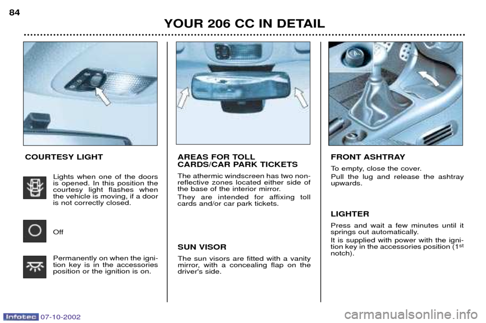 Peugeot 206 CC Dag 2002.5 User Guide 07-10-2002
YOUR 206 CC IN DETAIL
84
AREAS FOR TOLL 
CARDS/CAR PARK TICKETS The athermic windscreen has two non- reflective zones located either side of
the base of the interior mirror. 
They are inten