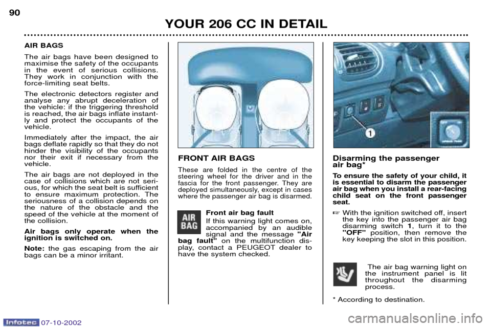 Peugeot 206 CC Dag 2002.5 User Guide YOUR 206 CC IN DETAIL
90
FRONT AIR BAGS
These are folded in the centre of the steering wheel for the driver and in the
fascia for the front passenger. They are
deployed simultaneously, except in cases