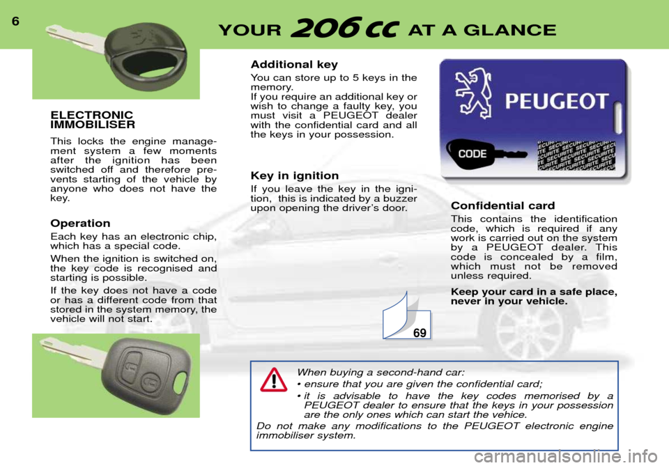 Peugeot 206 CC Dag 2001.5  Owners Manual ELECTRONIC  IMMOBILISER This locks the engine manage- ment system a few momentsafter the ignition has been
switched off and therefore pre-vents starting of the vehicle byanyone who does not have the
k