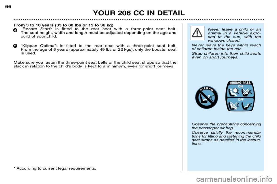 Peugeot 206 CC Dag 2001.5 Repair Manual YOUR 206 CC IN DETAIL
66
Never leave a child or an animal in a vehicle expo-sed to the sun, with thewindows closed. 
Never leave the keys within reach
of children inside the car. Strap children into t