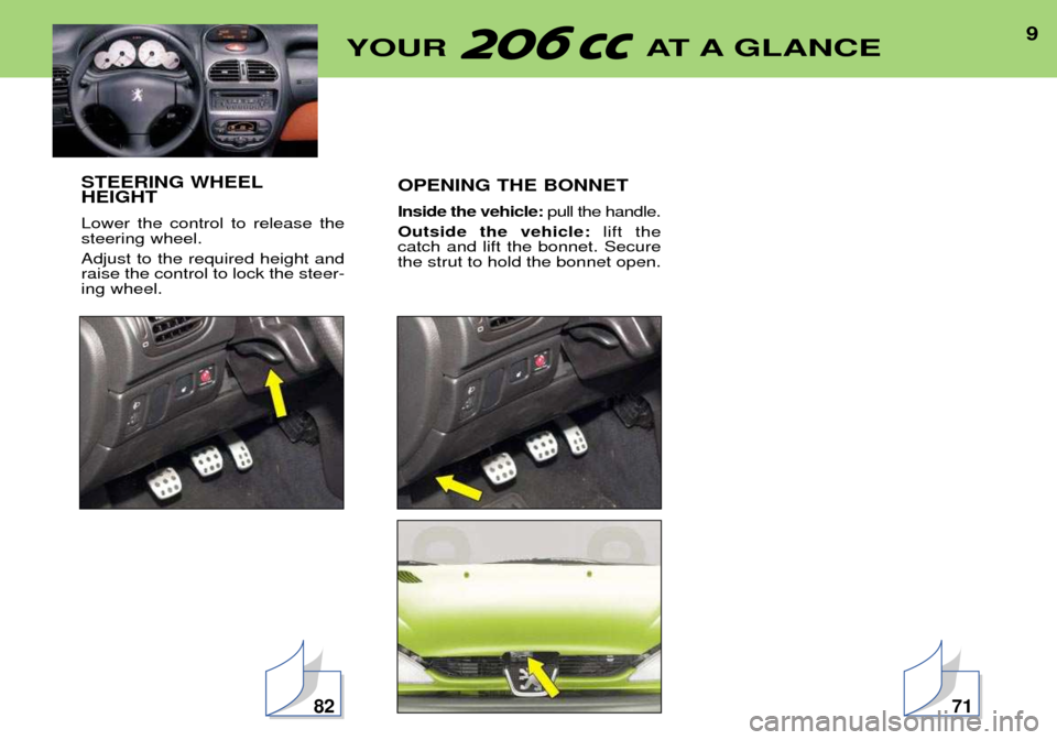 Peugeot 206 CC Dag 2001.5  Owners Manual 9YOUR AT A GLANCE
STEERING WHEEL HEIGHT Lower the control to release the steering wheel. Adjust to the required height and raise the control to lock the steer-ing wheel. OPENING THE BONNET Inside the 