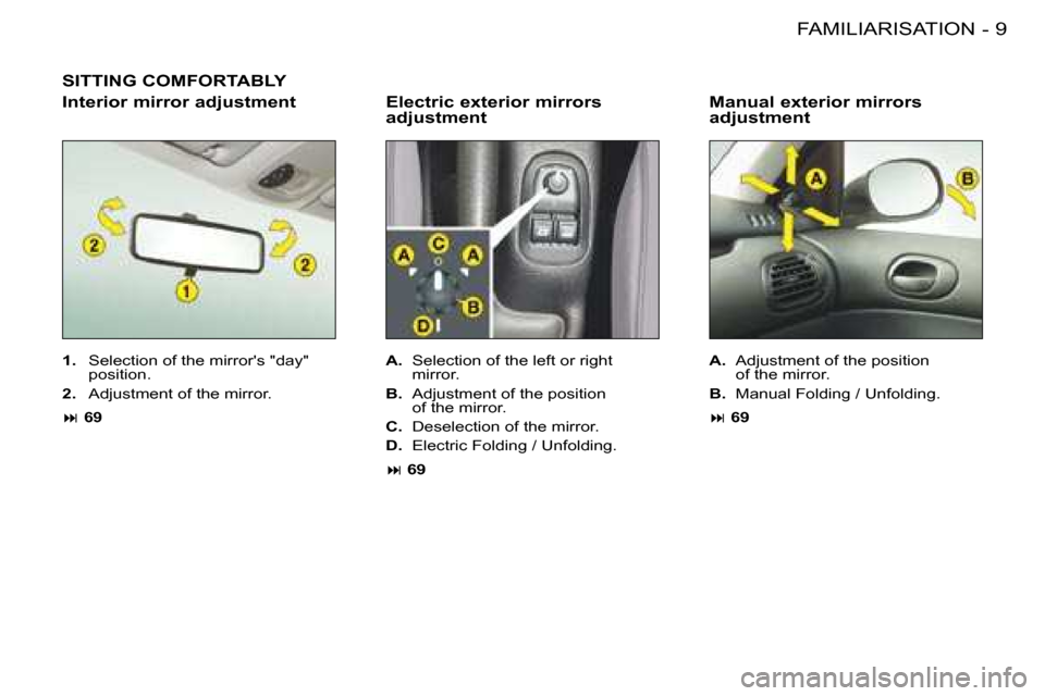 Peugeot 206 Dag 2008  Owners Manual 9
FAMILIARISATION
-
SITTING COMFORTABLY
Electric exterior mirrors  
adjustment
1.   Selection of the mirrors "day" 
position.
2.   Adjustment of the mirror.
�:  69 A.
  Selection of the left or right