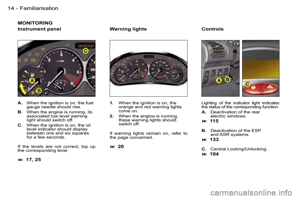 Peugeot 206 Dag 2006 User Guide �F�a�m�i�l�i�a�r�i�s�a�t�i�o�n�1�4 �-
�M�O�N�I�T�O�R�I�N�G
�I�n�s�t�r�u�m�e�n�t� �p�a�n�e�l
�A�.�  �W�h�e�n� �t�h�e� �i�g�n�i�t�i�o�n� �i�s� �o�n�,� �t�h�e� �f�u�e�l� 
�g�a�u�g�e� �n�e�e�d�l�e� �s�h�o