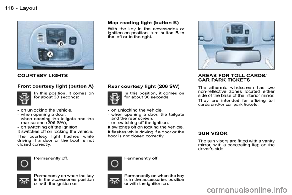 Peugeot 206 Dag 2006  Owners Manual �L�a�y�o�u�t�1�1�8 �-
�C�O�U�R�T�E�S�Y� �L�I�G�H�T�S
�F�r�o�n�t� �c�o�u�r�t�e�s�y� �l�i�g�h�t� �(�b�u�t�t�o�n� �A�)�M�a�p�-�r�e�a�d�i�n�g� �l�i�g�h�t� �(�b�u�t�t�o�n� �B�)
�W�i�t�h�  �t�h�e�  �k�e�y� 