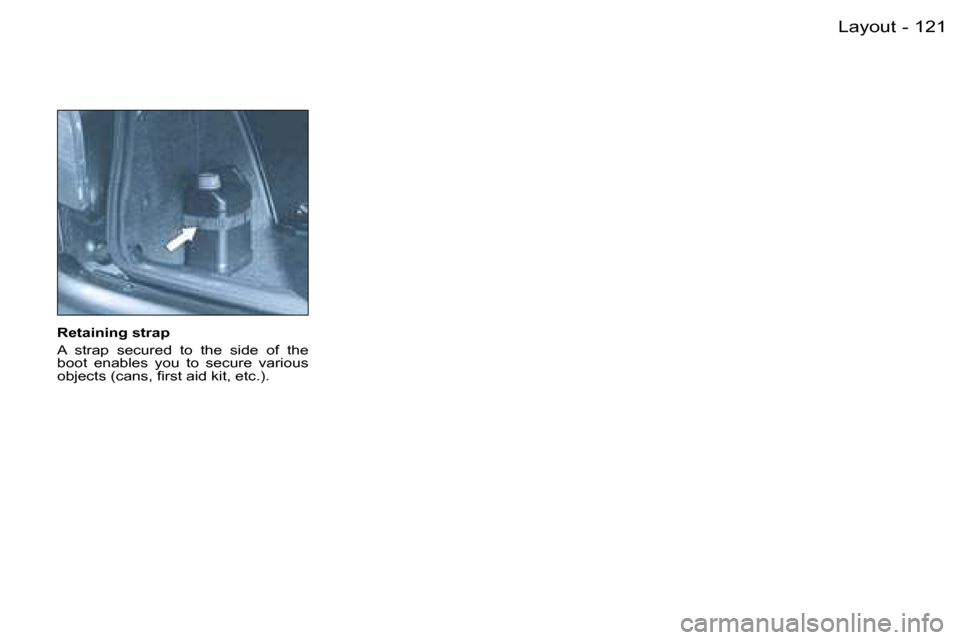 Peugeot 206 Dag 2006  Owners Manual �1�2�1�L�a�y�o�u�t�-
�R�e�t�a�i�n�i�n�g� �s�t�r�a�p 
�A�  �s�t�r�a�p�  �s�e�c�u�r�e�d�  �t�o�  �t�h�e�  �s�i�d�e�  �o�f�  �t�h�e�  
�b�o�o�t�  �e�n�a�b�l�e�s�  �y�o�u�  �t�o�  �s�e�c�u�r�e�  �v�a�r�i�