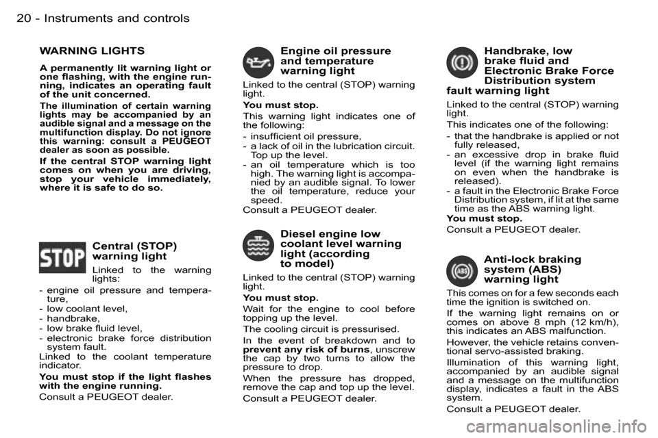 Peugeot 206 Dag 2006 User Guide �2�0 �-
�W�A�R�N�I�N�G� �L�I�G�H�T�S
�A�  �p�e�r�m�a�n�e�n�t�l�y�  �l�i�t�  �w�a�r�n�i�n�g�  �l�i�g�h�t�  �o�r�  
�o�n�e� �ﬂ�a�s�h�i�n�g�, �w�i�t�h �t�h�e �e�n�g�i�n�e �r�u�n�-
�n�i�n�g�,�  �i�n�d�i