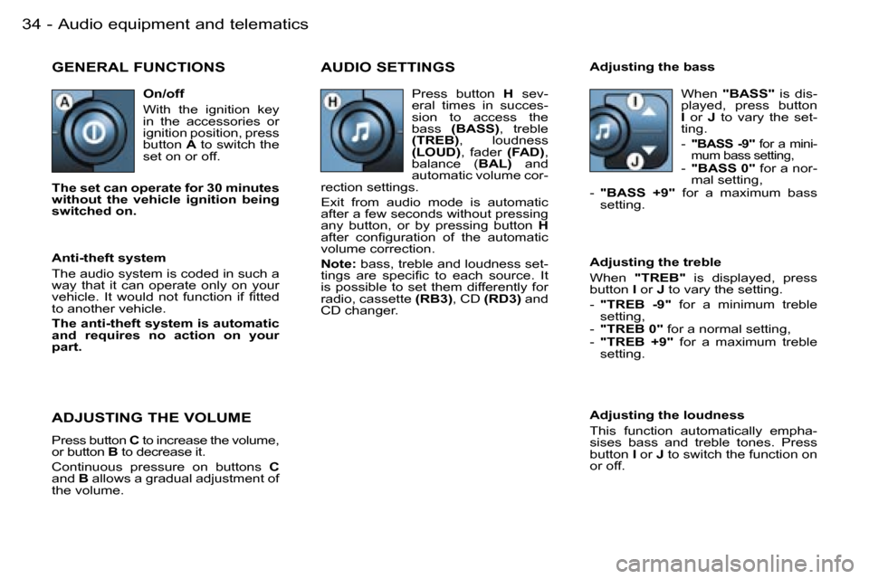 Peugeot 206 Dag 2006 Owners Guide �A�u�d�i�o� �e�q�u�i�p�m�e�n�t� �a�n�d� �t�e�l�e�m�a�t�i�c�s�3�4 �-
�G�E�N�E�R�A�L� �F�U�N�C�T�I�O�N�S�A�U�D�I�O� �S�E�T�T�I�N�G�S
�A�d�j�u�s�t�i�n�g� �t�h�e� �l�o�u�d�n�e�s�s 
�T�h�i�s�  �f�u�n�c�t�i