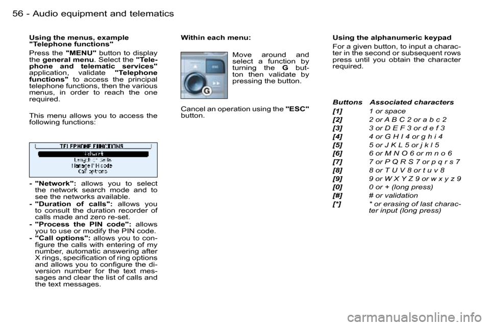 Peugeot 206 Dag 2006 Workshop Manual �5�6 �-�A�u�d�i�o� �e�q�u�i�p�m�e�n�t� �a�n�d� �t�e�l�e�m�a�t�i�c�s
�W�i�t�h�i�n� �e�a�c�h� �m�e�n�u�:�M�o�v�e�  �a�r�o�u�n�d�  �a�n�d� �  
�s�e�l�e�c�t�  �a�  �f�u�n�c�t�i�o�n�  �b�y� 
�t�u�r�n�i�n�g