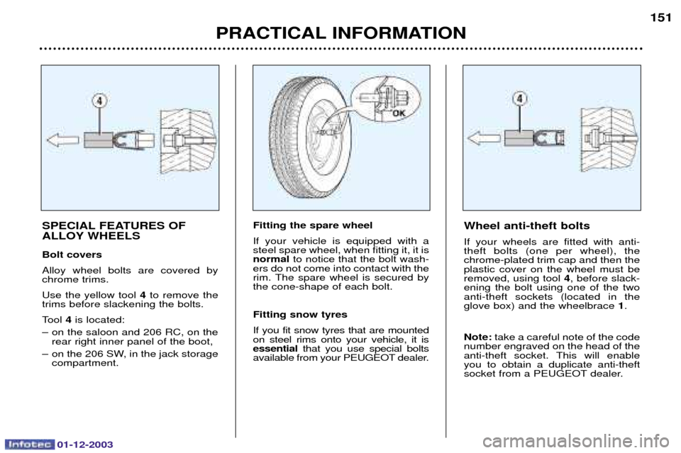 Peugeot 206 Dag 2003.5  Owners Manual 01-12-2003
PRACTICAL INFORMATION151
SPECIAL FEATURES OF  
ALLOY WHEELS Bolt covers 
        
	 
5    4  
	 
	