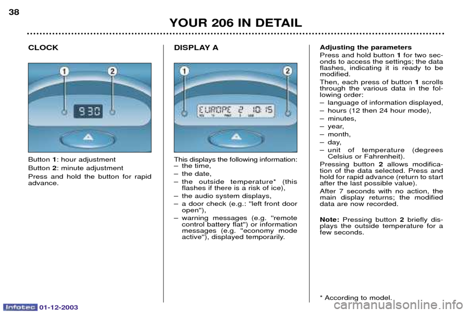 Peugeot 206 Dag 2003.5  Owners Manual 01-12-2003
YOUR 206 IN DETAIL
38
CLOCK
Adjusting the parameters 
	



1




		 
	     
 
 
	