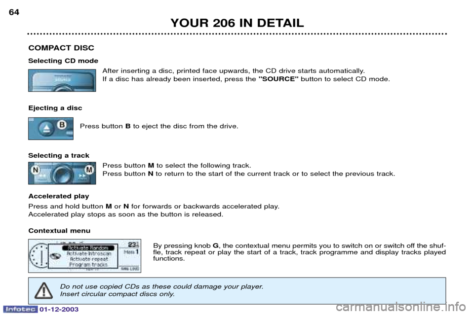 Peugeot 206 Dag 2003.5 Repair Manual 01-12-2003
YOUR 206 IN DETAIL
64
COMPACT DISC Selecting CD mode 	
	
	-	
-#		 

	
	
- SOUR