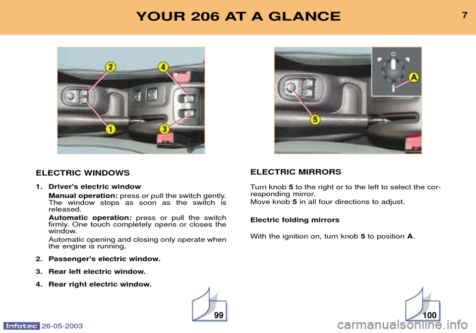 Peugeot 206 Dag 2003  Owners Manual 26-05-2003
99100
ELECTRIC WINDOWS 
1. Drivers electric windowManual operation: press or pull the switch gently.
The window stops as soon as the switch is  released. Automatic operation: press or pull