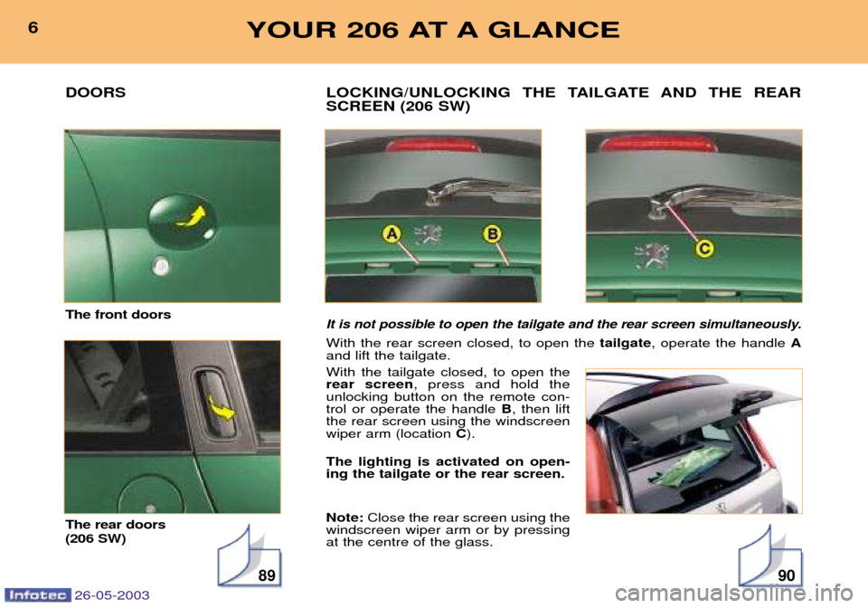 Peugeot 206 Dag 2003 User Guide 26-05-2003
DOORS The front doors The rear doors (206 SW)
89
LOCKING/UNLOCKING THE TAILGATE AND THE REAR SCREEN (206 SW)
It is not possible to open the tailgate and the rear screen simultaneously.
Wi Peugeot 206 Dag 2003 User Guide 26-05-2003
DOORS The front doors The rear doors (206 SW)
89
LOCKING/UNLOCKING THE TAILGATE AND THE REAR SCREEN (206 SW)
It is not possible to open the tailgate and the rear screen simultaneously.
Wi