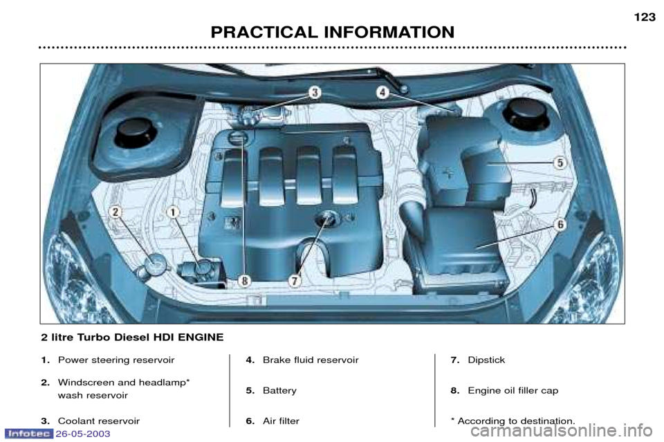 Peugeot 206 Dag 2003  Owners Manual 26-05-2003
PRACTICAL INFORMATION123
1.
Power steering reservoir
2. Windscreen and headlamp*  wash reservoir
3. Coolant reservoir 4.
Brake fluid reservoir
5. Battery
6. Air filter 7.
Dipstick
8. Engine