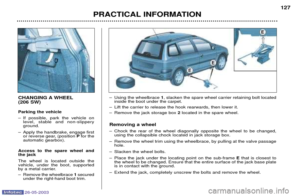 Peugeot 206 Dag 2003  Owners Manual 26-05-2003
PRACTICAL INFORMATION127
CHANGING A WHEEL (206 SW) Parking the vehicle 
Ð If possible, park the vehicle on
level, stable and non-slippery ground.
Ð Apply the handbrake, engage first or re