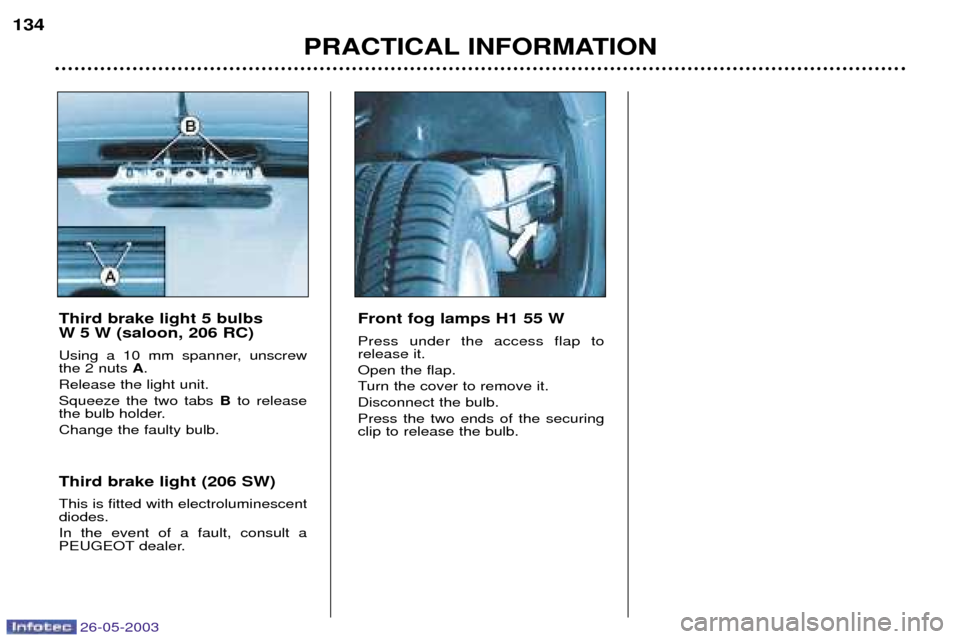 Peugeot 206 Dag 2003 Owners Manual 26-05-2003
PRACTICAL INFORMATION
134
Front fog lamps H1 55 W Press under the access flap to release it. Open the flap.
Turn the cover to remove it.Disconnect the bulb.Press the two ends of the securin Peugeot 206 Dag 2003 Owners Manual 26-05-2003
PRACTICAL INFORMATION
134
Front fog lamps H1 55 W Press under the access flap to release it. Open the flap.
Turn the cover to remove it.Disconnect the bulb.Press the two ends of the securin