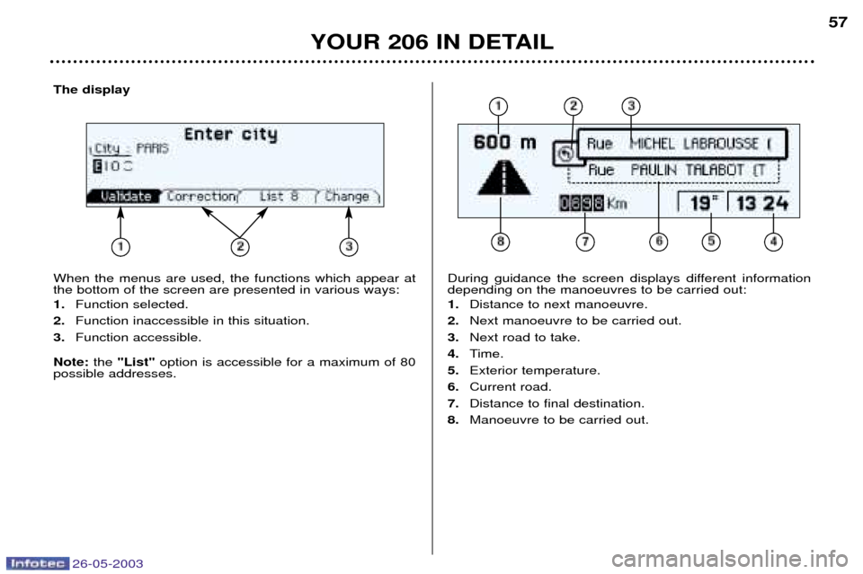 Peugeot 206 Dag 2003 Workshop Manual 26-05-2003
The display When the menus are used, the functions which appear at the bottom of the screen are presented in various ways: 1.Function selected.
2. Function inaccessible in this situation.
3 Peugeot 206 Dag 2003 Workshop Manual 26-05-2003
The display When the menus are used, the functions which appear at the bottom of the screen are presented in various ways: 1.Function selected.
2. Function inaccessible in this situation.
3