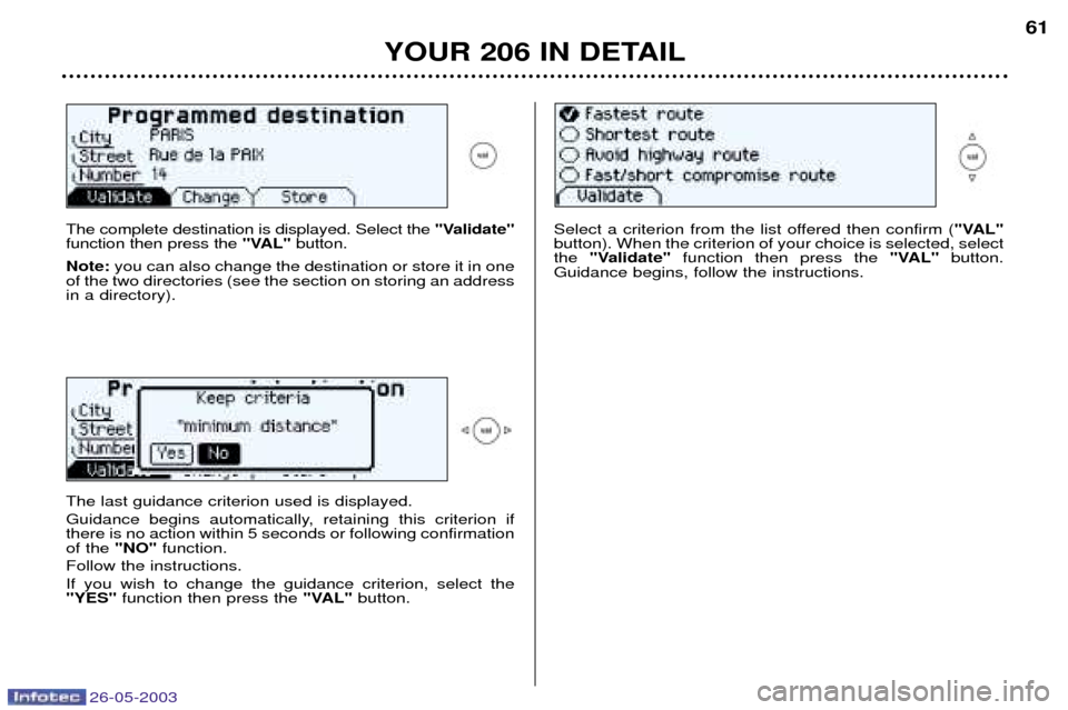 Peugeot 206 Dag 2003 Repair Manual 26-05-2003
YOUR 206 IN DETAIL61
The complete destination is displayed. Select the
"Validate"
function then press the "VAL"button.
Note: you can also change the destination or store it in one
of the Peugeot 206 Dag 2003 Repair Manual 26-05-2003
YOUR 206 IN DETAIL61
The complete destination is displayed. Select the
"Validate"
function then press the "VAL"button.
Note: you can also change the destination or store it in one
of the