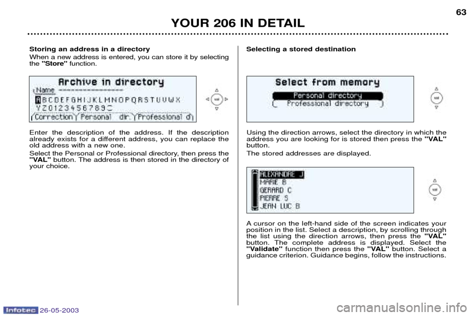 Peugeot 206 Dag 2003 Repair Manual 26-05-2003
YOUR 206 IN DETAIL
Storing an address in a directory When a new address is entered, you can store it by selecting the "Store" function.Selecting a stored destination
Enter the description o Peugeot 206 Dag 2003 Repair Manual 26-05-2003
YOUR 206 IN DETAIL
Storing an address in a directory When a new address is entered, you can store it by selecting the "Store" function.Selecting a stored destination
Enter the description o