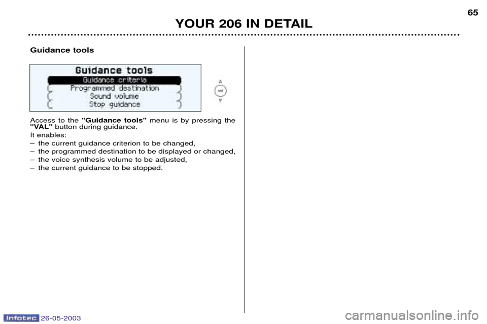 Peugeot 206 Dag 2003 Repair Manual 26-05-2003
YOUR 206 IN DETAIL65
Guidance tools Access to the
"Guidance tools" menu is by pressing the
"VAL" button during guidance.
It enables:
Ð the current guidance criterion to be changed,
Ð th Peugeot 206 Dag 2003 Repair Manual 26-05-2003
YOUR 206 IN DETAIL65
Guidance tools Access to the
"Guidance tools" menu is by pressing the
"VAL" button during guidance.
It enables:
Ð the current guidance criterion to be changed,
Ð th