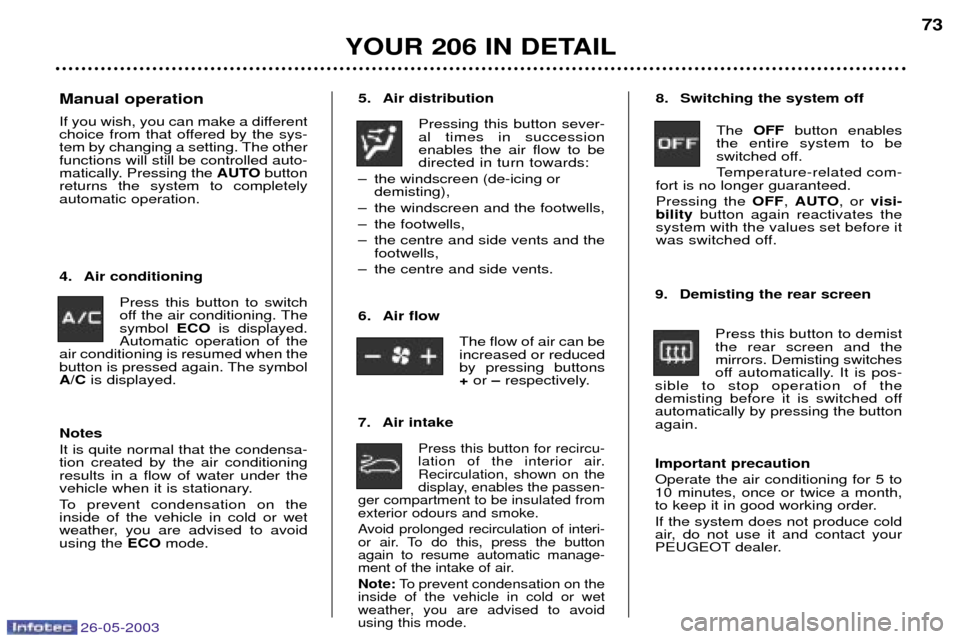 Peugeot 206 Dag 2003 Manual PDF 26-05-2003
YOUR 206 IN DETAIL73
5. Air distribution
Pressing this button sever- al times in successionenables the air flow to bedirected in turn towards:
Ð the windscreen (de-icing or demisting),
Ð Peugeot 206 Dag 2003 Manual PDF 26-05-2003
YOUR 206 IN DETAIL73
5. Air distribution
Pressing this button sever- al times in successionenables the air flow to bedirected in turn towards:
Ð the windscreen (de-icing or demisting),
Ð