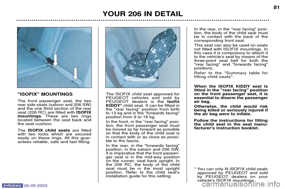 Peugeot 206 Dag 2003 Manual Online 26-05-2003
YOUR 206 IN DETAIL81
"ISOFIX" MOUNTINGS The front passenger seat, the two rear side seats (saloon and 206 SW)and the one third section of the rearseat (206 RC) are fitted with ISOFIX
mount Peugeot 206 Dag 2003 Manual Online 26-05-2003
YOUR 206 IN DETAIL81
"ISOFIX" MOUNTINGS The front passenger seat, the two rear side seats (saloon and 206 SW)and the one third section of the rearseat (206 RC) are fitted with ISOFIX
mount