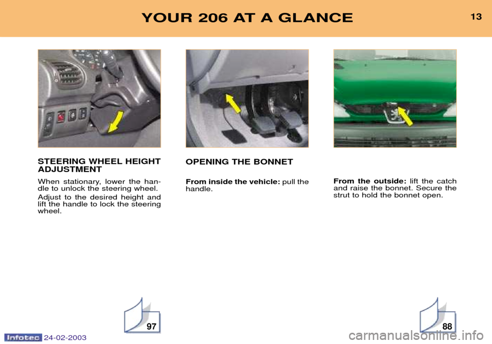 Peugeot 206 Dag 2002.5  Owners Manual 24-02-2003
13VOTRE 307 EN UN COUP DÕÎIL
9788
13YOUR 206 AT A GLANCE
STEERING WHEEL HEIGHT ADJUSTMENT 
When stationary, lower the han- dle to unlock the steering wheel. Adjust to the desired height a