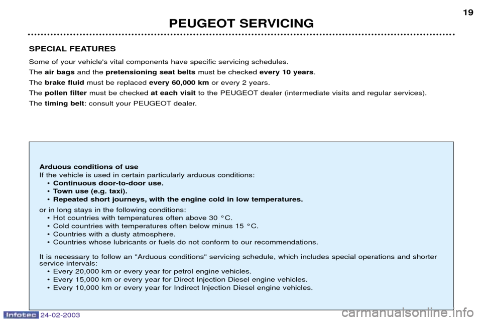 Peugeot 206 Dag 2002.5 User Guide 24-02-2003
SPECIAL FEATURES Some of your vehicles vital components have specific servicing schedules. The air bags and the pretensioning seat belts must be checked every 10 years.
The brake fluid Peugeot 206 Dag 2002.5 User Guide 24-02-2003
SPECIAL FEATURES Some of your vehicles vital components have specific servicing schedules. The air bags and the pretensioning seat belts must be checked every 10 years.
The brake fluid