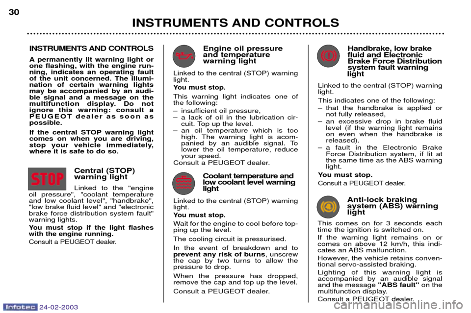Peugeot 206 Dag 2002.5  Owners Manual 24-02-2003
INSTRUMENTS AND CONTROLS
30
Handbrake, low brake fluid and ElectronicBrake Force Distributionsystem fault warning
light
Linked to the central (STOP) warninglight. This indicates one of the 