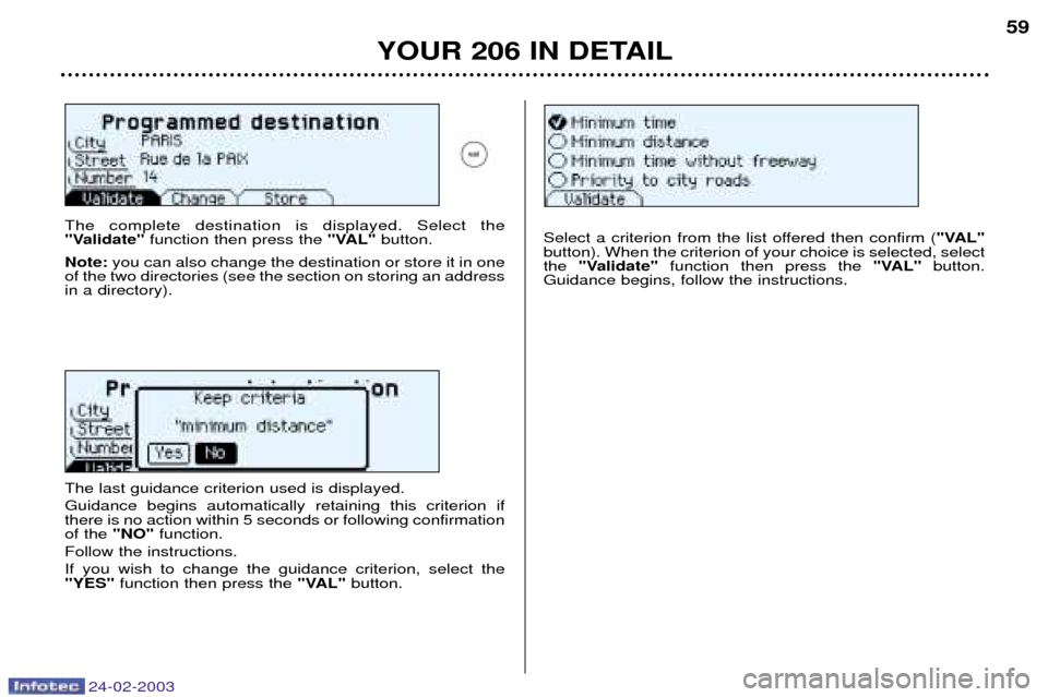 Peugeot 206 Dag 2002.5 Workshop Manual 24-02-2003
YOUR 206 IN DETAIL59
The complete destination is displayed. Select the 
"Validate"
function then press the  "VAL"button.
Note: you can also change the destination or store it in one
of the 