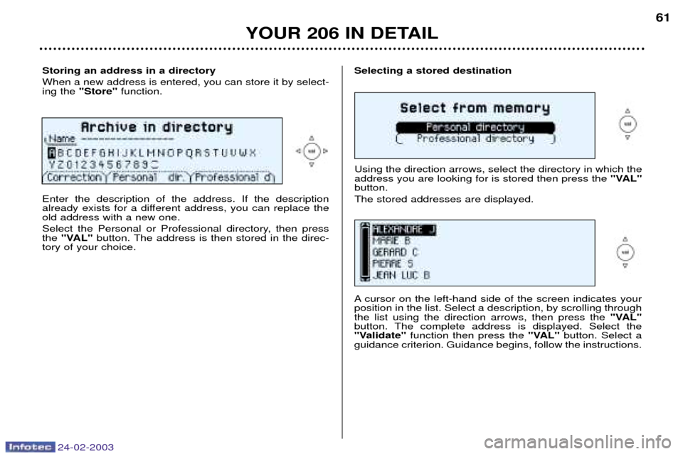 Peugeot 206 Dag 2002.5 Repair Manual 24-02-2003
YOUR 206 IN DETAIL
Storing an address in a directory When a new address is entered, you can store it by select- ing the "Store" function.Selecting a stored destination
Enter the description