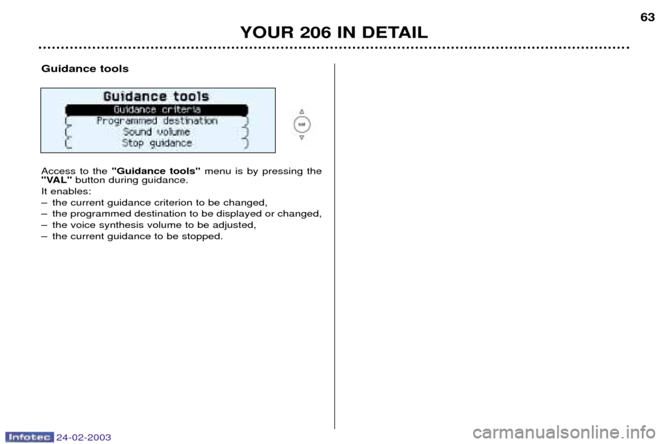 Peugeot 206 Dag 2002.5 Repair Manual 24-02-2003
YOUR 206 IN DETAIL63
Guidance tools Access to the 
"Guidance tools" menu is by pressing the
"VAL" button during guidance.
It enables: 
Ð the current guidance criterion to be changed,
Ð th