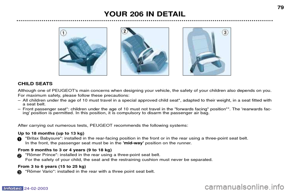 Peugeot 206 Dag 2002.5 Manual PDF 24-02-2003
CHILD SEATS Although one of PEUGEOTs main concerns when designing your vehicle, the safety of your children also depends on you.
For maximum safety, please follow these precautions:
Ð Al Peugeot 206 Dag 2002.5 Manual PDF 24-02-2003
CHILD SEATS Although one of PEUGEOTs main concerns when designing your vehicle, the safety of your children also depends on you.
For maximum safety, please follow these precautions:
Ð Al