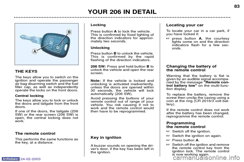 Peugeot 206 Dag 2002.5  Owners Manual 24-02-2003
YOUR 206 IN DETAIL83
Changing the battery of  the remote control 
Warning that the battery is flat is given by an audible signal accompa-nied by the message  Remote con-
trol battery low