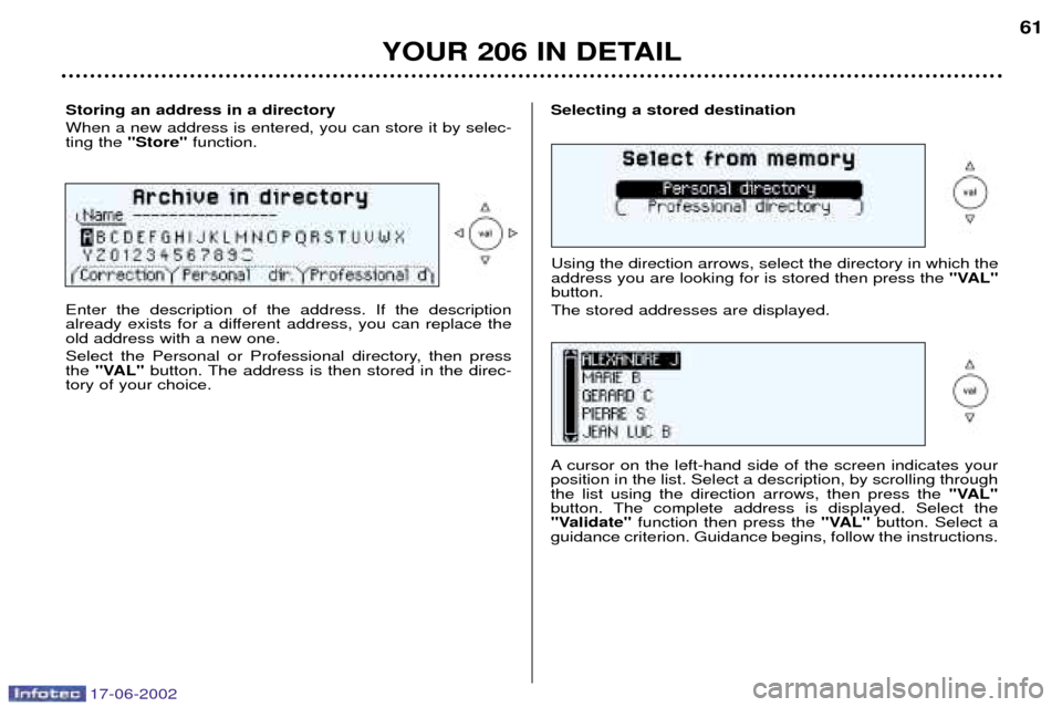 Peugeot 206 Dag 2002 Repair Manual 17-06-2002
YOUR 206 IN DETAIL
Storing an address in a directory When a new address is entered, you can store it by selec- ting the "Store" function.Selecting a stored destination
Enter the description Peugeot 206 Dag 2002 Repair Manual 17-06-2002
YOUR 206 IN DETAIL
Storing an address in a directory When a new address is entered, you can store it by selec- ting the "Store" function.Selecting a stored destination
Enter the description