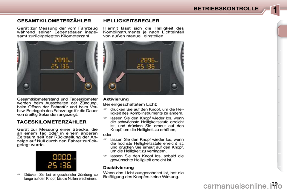 Peugeot 206 P 2010.5 Betriebsanleitung (in German) BETRIEBSKONTROLLE
25
GESAMTKILOMETERZÄHLER
Gerät zur Messung der vom Fahrzeug
während seiner Lebensdauer insge-
samt zurückgelegten Kilometerzahl. HELLIGKEITSRE Peugeot 206 P 2010.5 Betriebsanleitung (in German) BETRIEBSKONTROLLE
25
GESAMTKILOMETERZÄHLER
Gerät zur Messung der vom Fahrzeug
während seiner Lebensdauer insge-
samt zurückgelegten Kilometerzahl. HELLIGKEITSRE