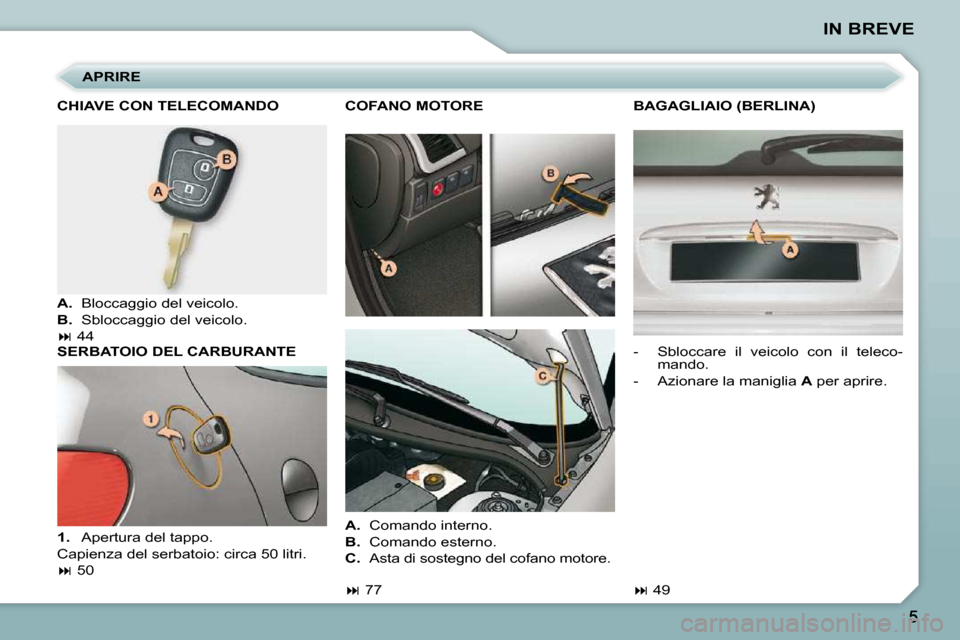 Peugeot 206 P 2010.5  Manuale del proprietario (in Italian) IN BREVE
  APRIRE 
  CHIAVE CON TELECOMANDO  
   
A.    Bloccaggio del veicolo. 
  
B.    Sbloccaggio del veicolo.  
   
�   44   
  SERBATOIO DEL CARBURANTE  
   
1.    Apertura del tappo.  
 Capi
