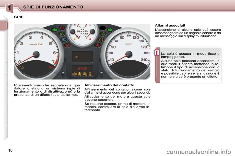 Peugeot 206 P 2010.5  Manuale del proprietario (in Italian) !
SPIE DI FUNZIONAMENTO
16
� �L�a�  �s�p�i�a�  �è�  �a�c�c�e�s�a�  �i�n�  �m�o�d�o�  �ﬁ� �s�s�o�  �o�  
lampeggiante.  
 Alcune  spie  possono  accendersi  in  
due  modi.  Soltanto  mettendo  in  